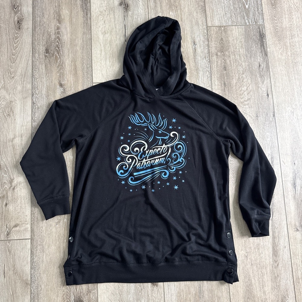 Harry Potter Women's Black Pullover Wizarding World Hoodie Expecto Patronum L